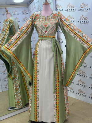 Sage Green & Ivory Palestinian Tatreez Butterfly Sleeve Thobe
