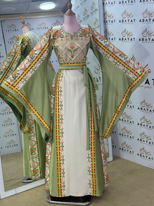 Sage Green & Ivory Palestinian Tatreez Butterfly Sleeve Thobe