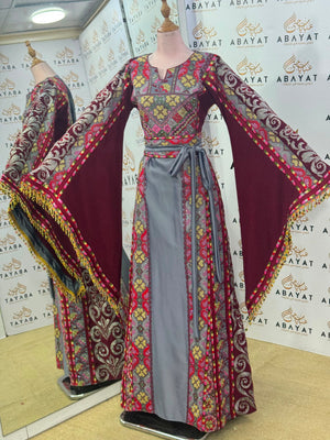 Burgundy & Silver Gray Palestinian Tatreez Butterfly Sleeve Tho
