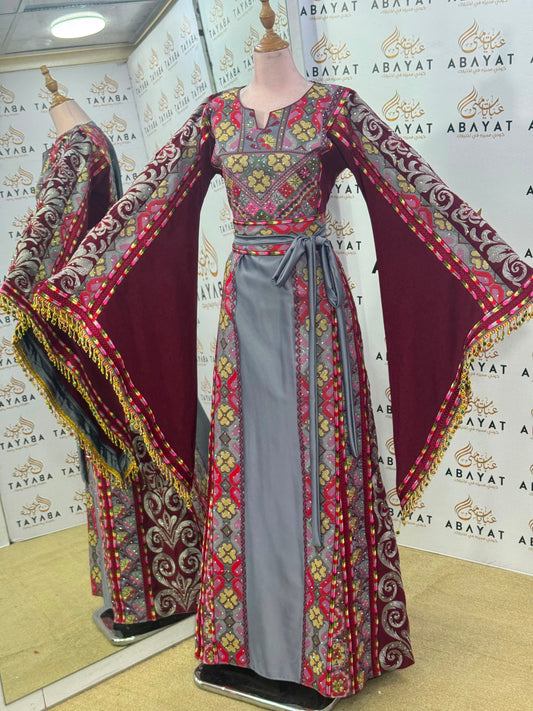 Burgundy & Silver Gray Palestinian Tatreez Butterfly Sleeve Tho