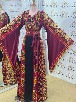 Wine & Black Palestinian Embroidered Butterfly Sleeve Thob