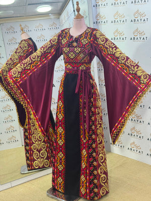 Wine & Black Palestinian Embroidered Butterfly Sleeve Thob