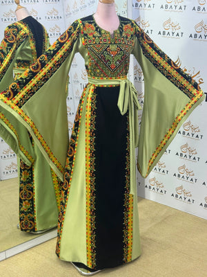Black & Olive Green Palestinian Embroidered Butterfly Sleeve Thobe