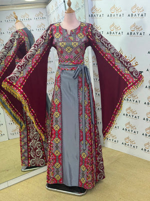 Burgundy & Silver Gray Palestinian Tatreez Butterfly Sleeve Tho