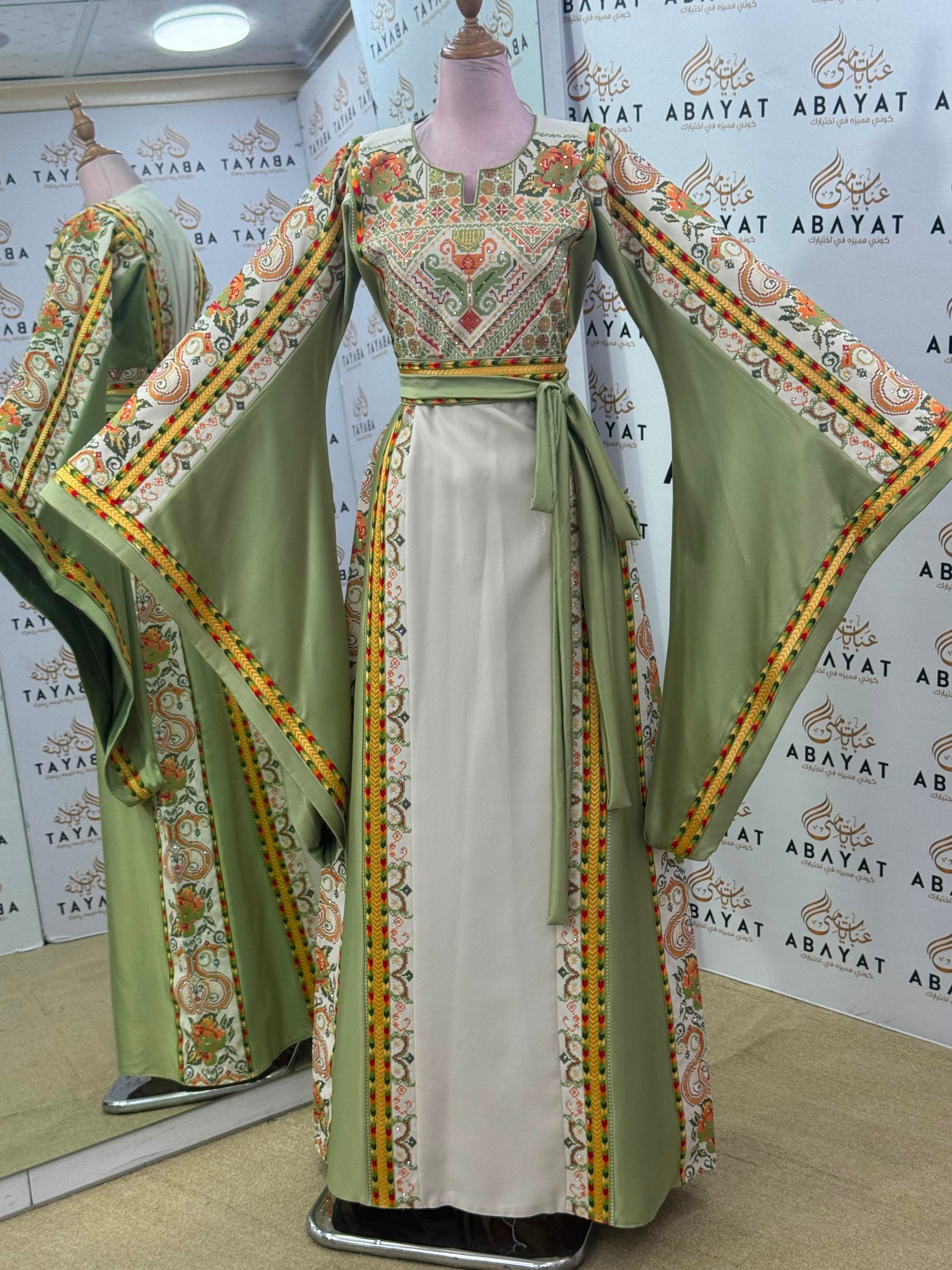 Sage Green & Ivory Palestinian Tatreez Butterfly Sleeve Thobe