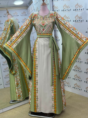 Sage Green & Ivory Palestinian Tatreez Butterfly Sleeve Thobe