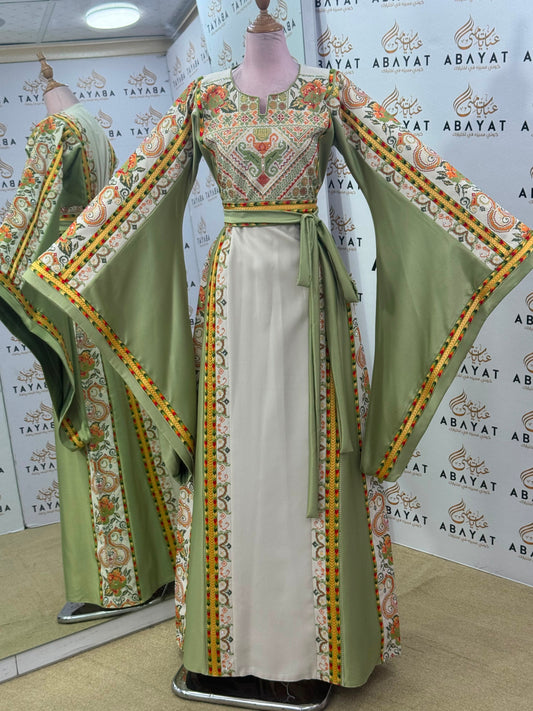 Sage Green & Ivory Palestinian Tatreez Butterfly Sleeve Thobe