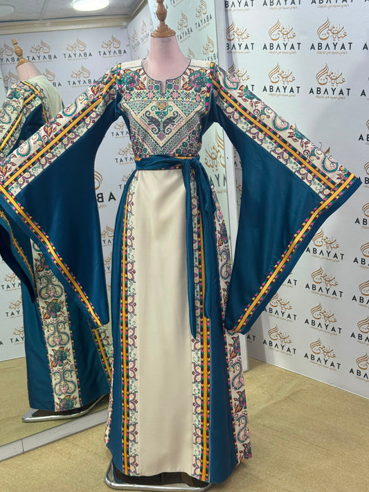 Petrol Blue & Ivory Palestinian Embroidered Butterfly Sleeve Thobe