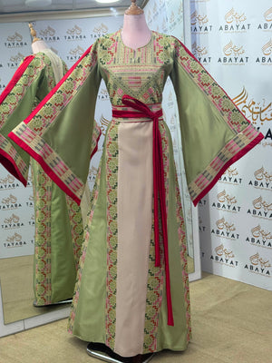 Ivory & Sage Green Palestinian Tatreez Thobe with Raspberry Accents