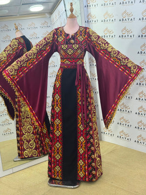 Wine & Black Palestinian Embroidered Butterfly Sleeve Thob