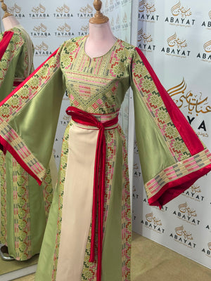 Ivory & Sage Green Palestinian Tatreez Thobe with Raspberry Accents