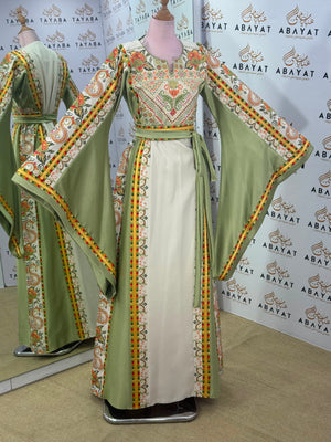 Sage Green & Ivory Palestinian Tatreez Butterfly Sleeve Thobe