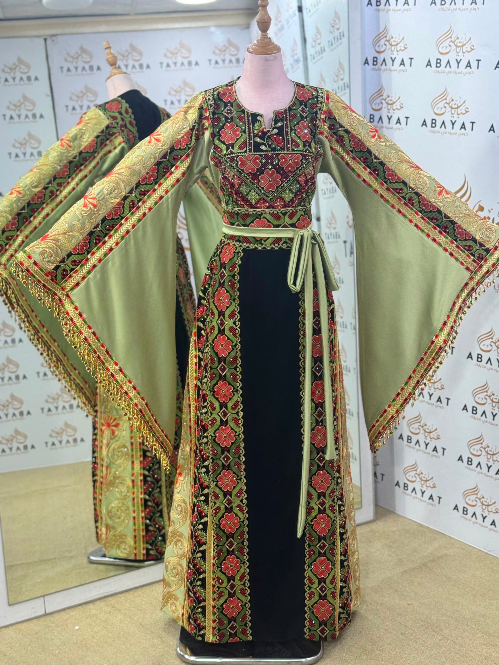 Olive Green & Black Palestinian Embroidered Butterfly Sleeve Thobe