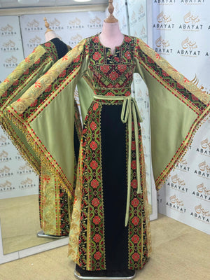 Olive Green & Black Palestinian Embroidered Butterfly Sleeve Thobe