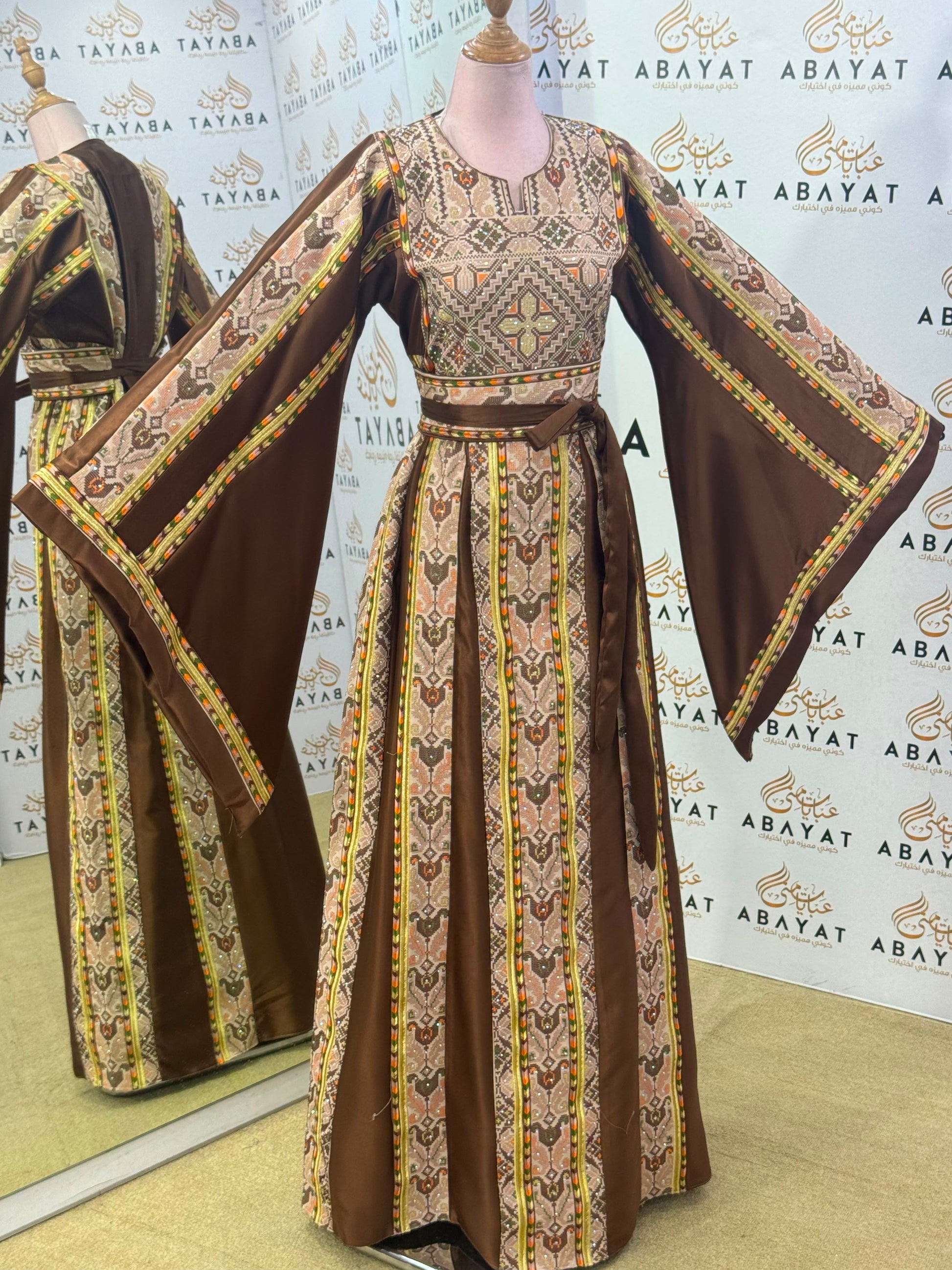 Mocha Brown Palestinian Embroidered Butterfly Sleeve Thobe