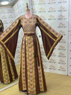 Mocha Brown Palestinian Embroidered Butterfly Sleeve Thobe