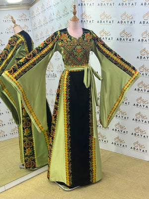 Black & Olive Green Palestinian Embroidered Butterfly Sleeve Thobe