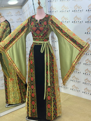 Olive Green & Black Palestinian Embroidered Butterfly Sleeve Thobe