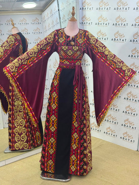 Wine & Black Palestinian Embroidered Butterfly Sleeve Thob