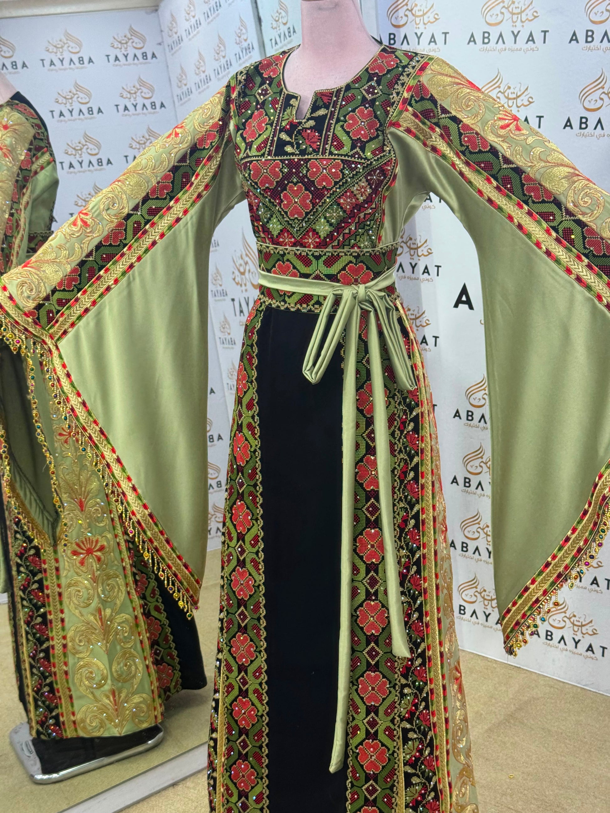 Olive Green & Black Palestinian Embroidered Butterfly Sleeve Thobe