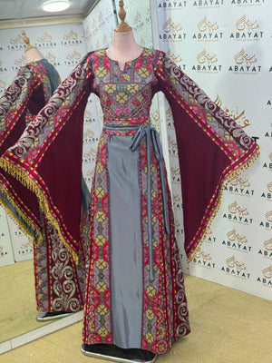 Burgundy & Silver Gray Palestinian Tatreez Butterfly Sleeve Tho