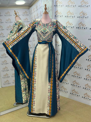 Petrol Blue & Ivory Palestinian Embroidered Butterfly Sleeve Thobe