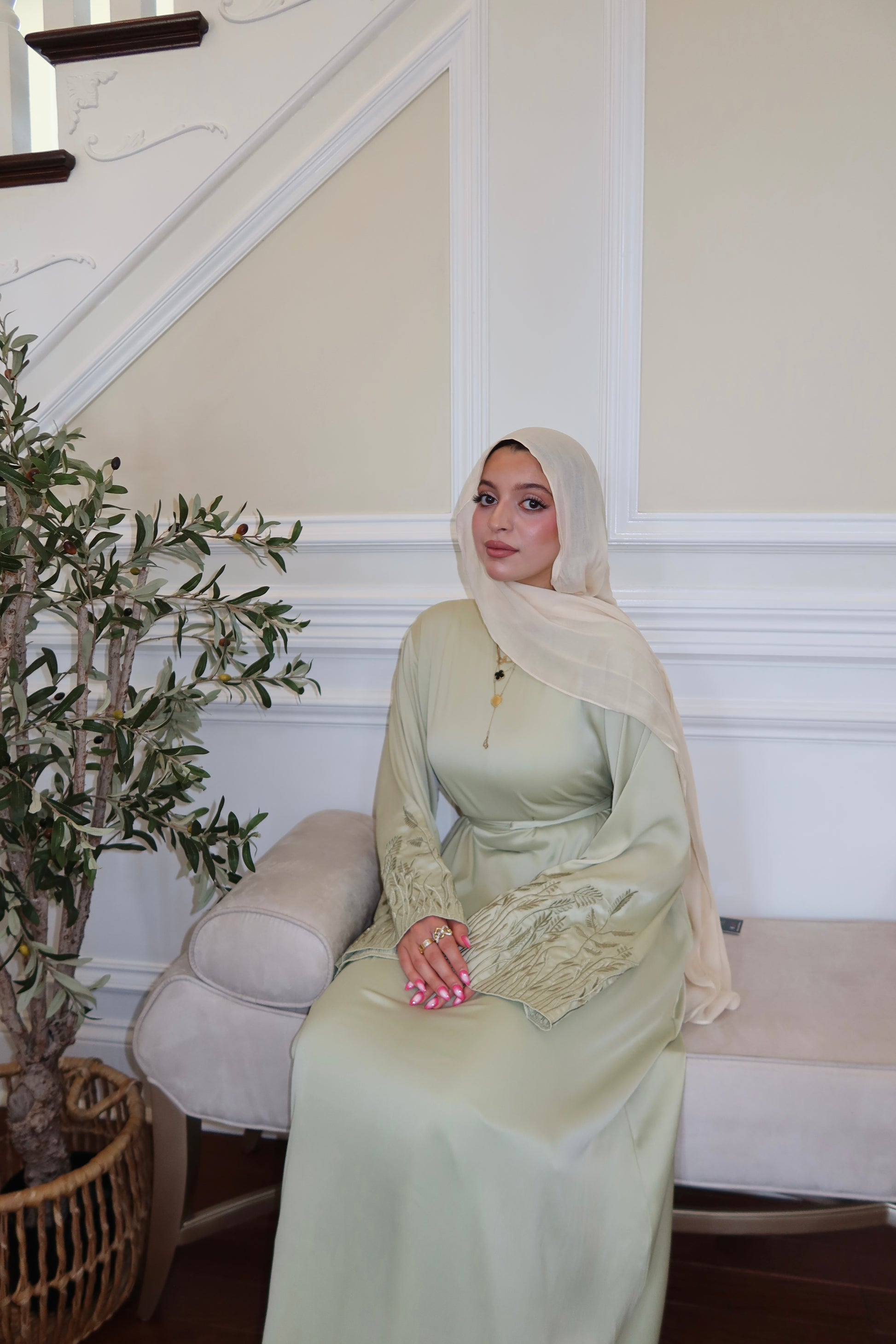 Light Green Serenity Floral Embellished Abaya