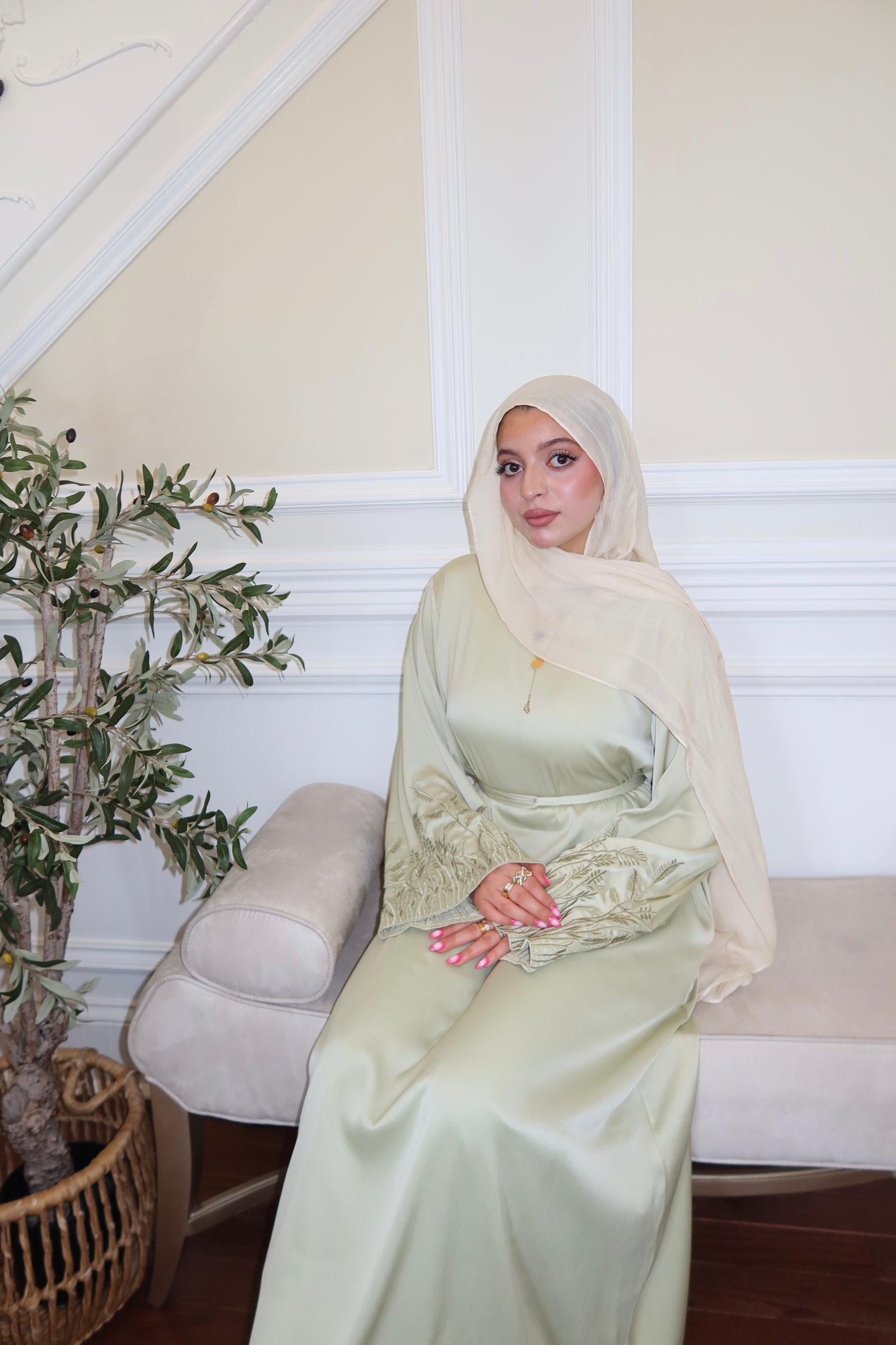 Light Green Serenity Floral Embellished Abaya