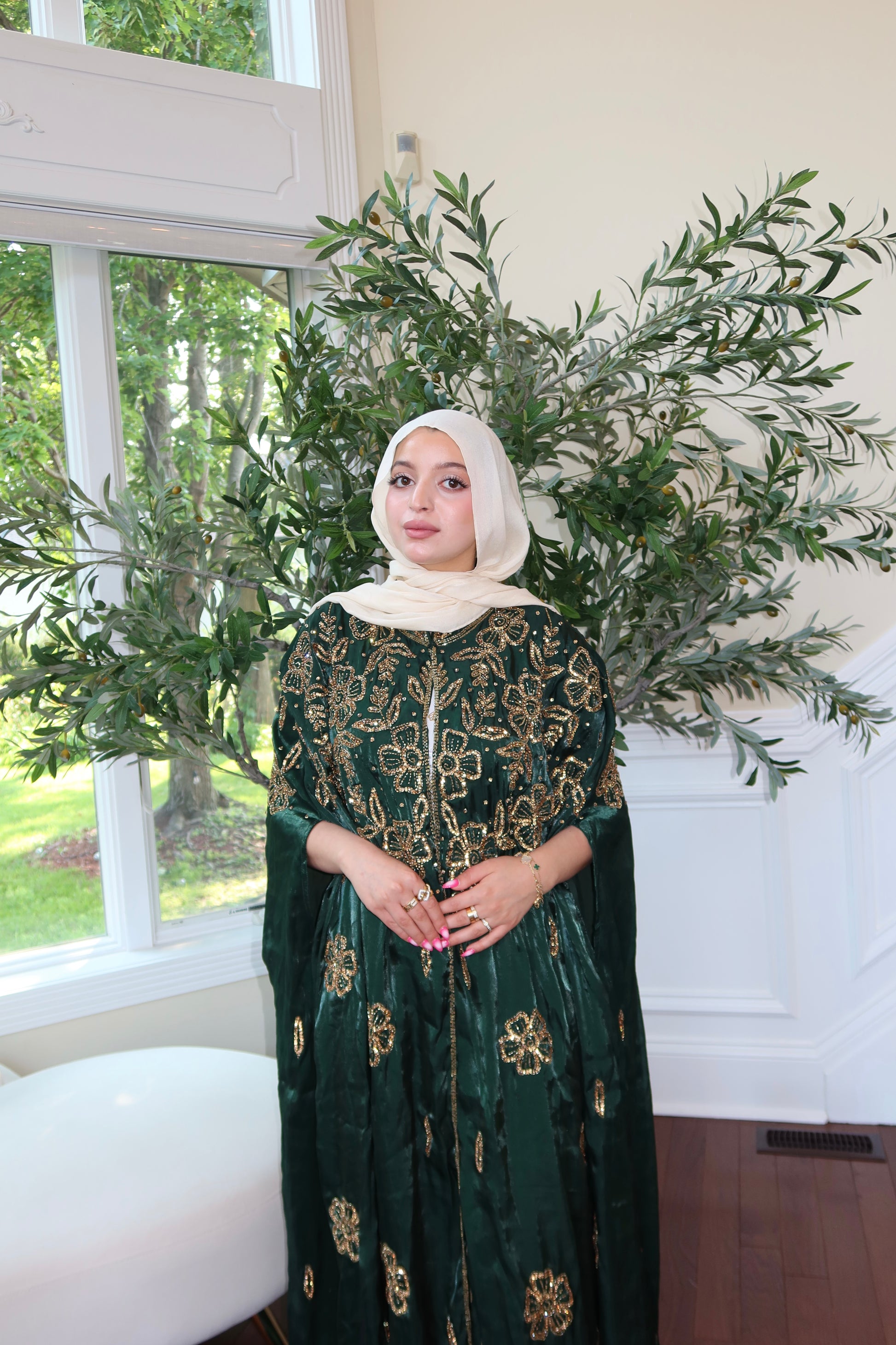 Floral Green Golden Abaya