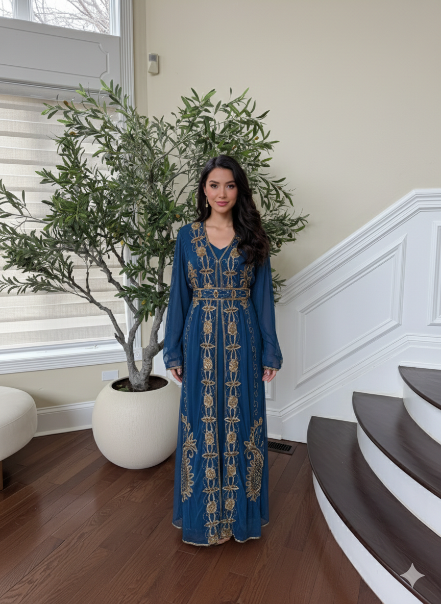 Golden Turquoise Detail Stone Cardigan Abaya