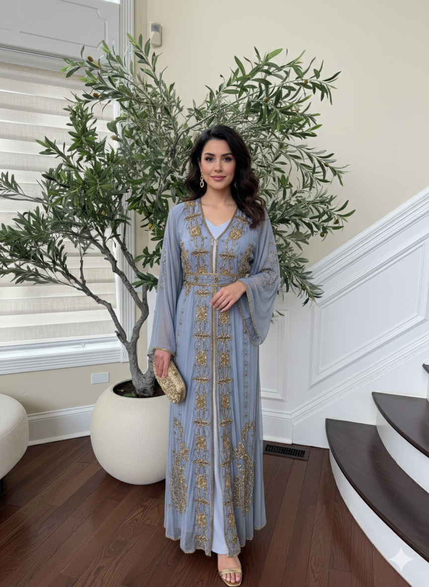 Baby Blue Golden Stone Cardigan Abaya