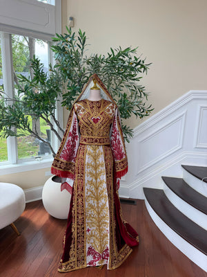 Royal Burgundy Embroidered & Hand-Beaded Bridal Ensemble — Includes Belt, Scarf & Overskirt