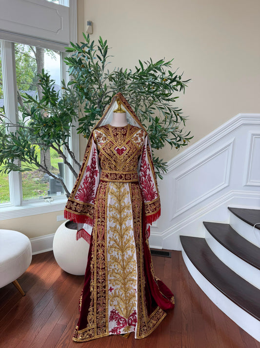 Royal Burgundy Embroidered & Hand-Beaded Bridal Ensemble — Includes Belt, Scarf & Overskirt