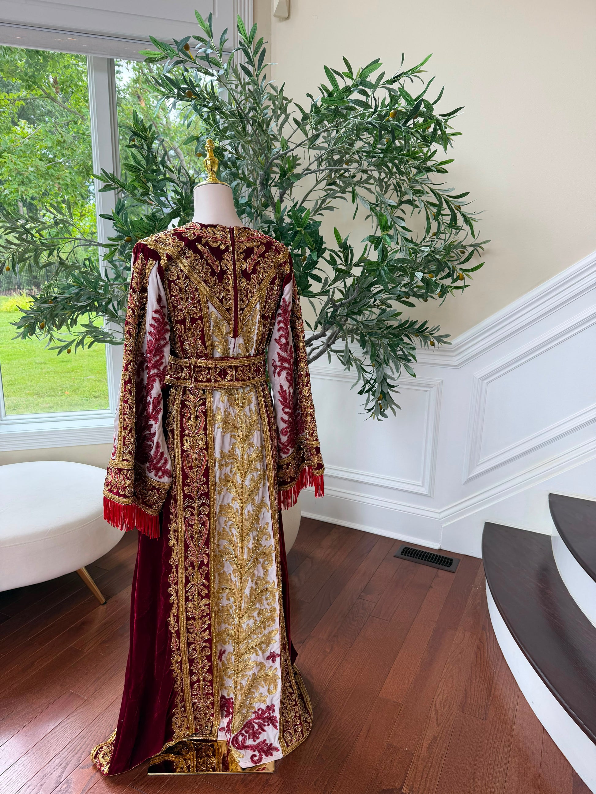 Royal Burgundy Embroidered & Hand-Beaded Bridal Ensemble — Includes Belt, Scarf & Overskirt