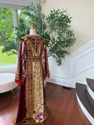Royal Burgundy Embroidered & Hand-Beaded Bridal Ensemble — Includes Belt, Scarf & Overskirt