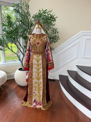 Royal Burgundy Embroidered & Hand-Beaded Bridal Ensemble — Includes Belt, Scarf & Overskirt