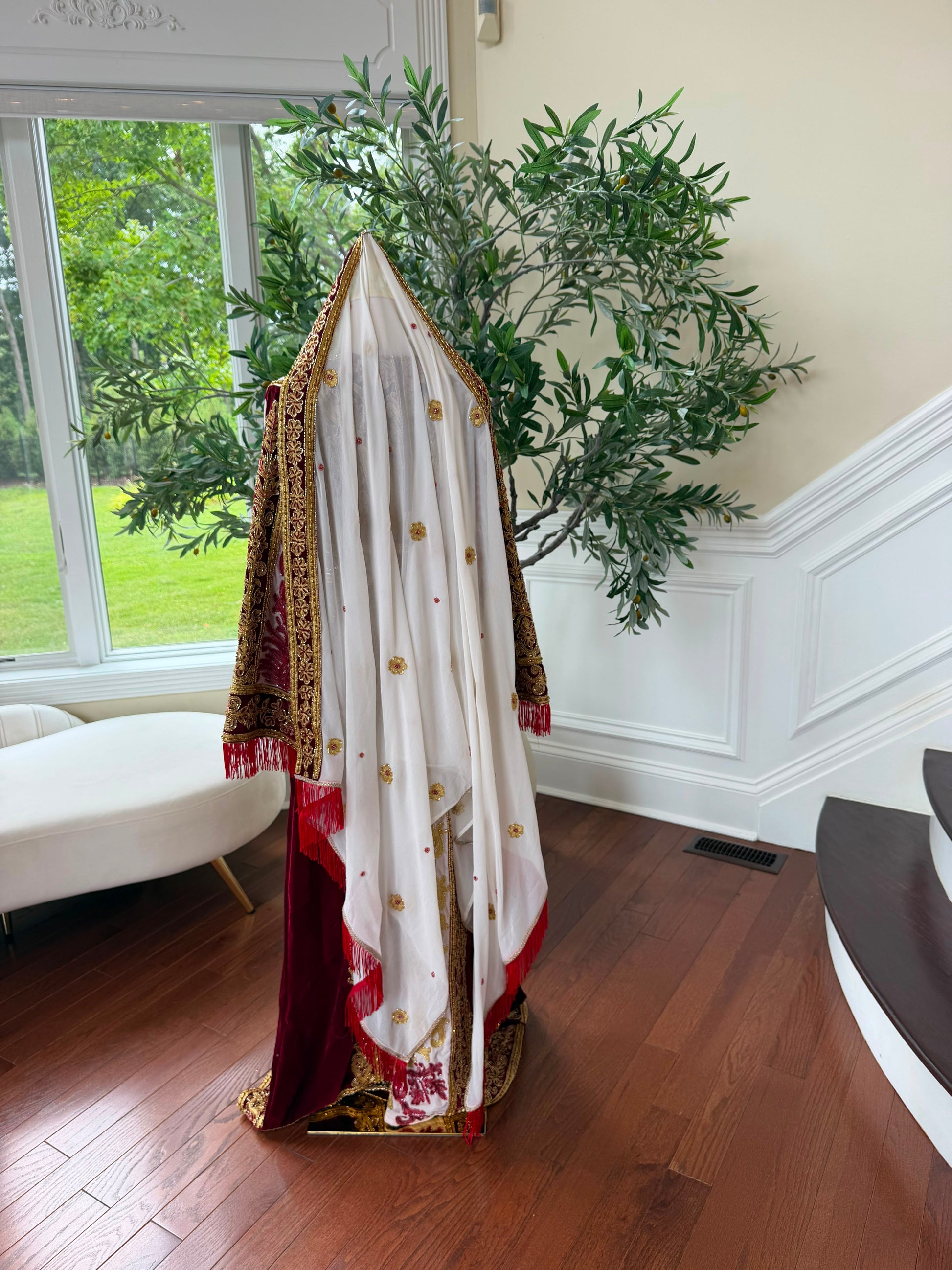 Royal Burgundy Embroidered & Hand-Beaded Bridal Ensemble — Includes Belt, Scarf & Overskirt