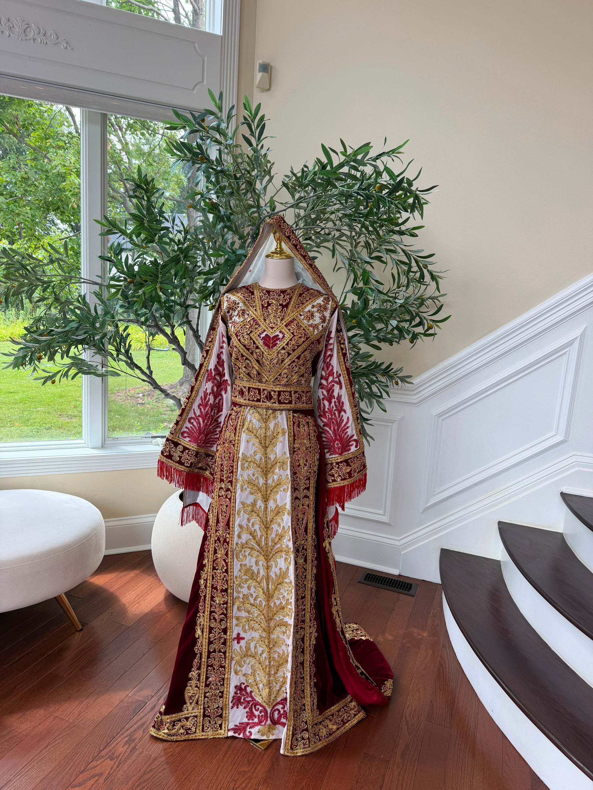 Royal Burgundy Embroidered & Hand-Beaded Bridal Ensemble — Includes Belt, Scarf & Overskirt