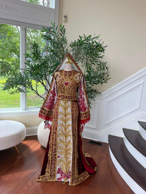 Royal Burgundy Embroidered & Hand-Beaded Bridal Ensemble — Includes Belt, Scarf & Overskirt
