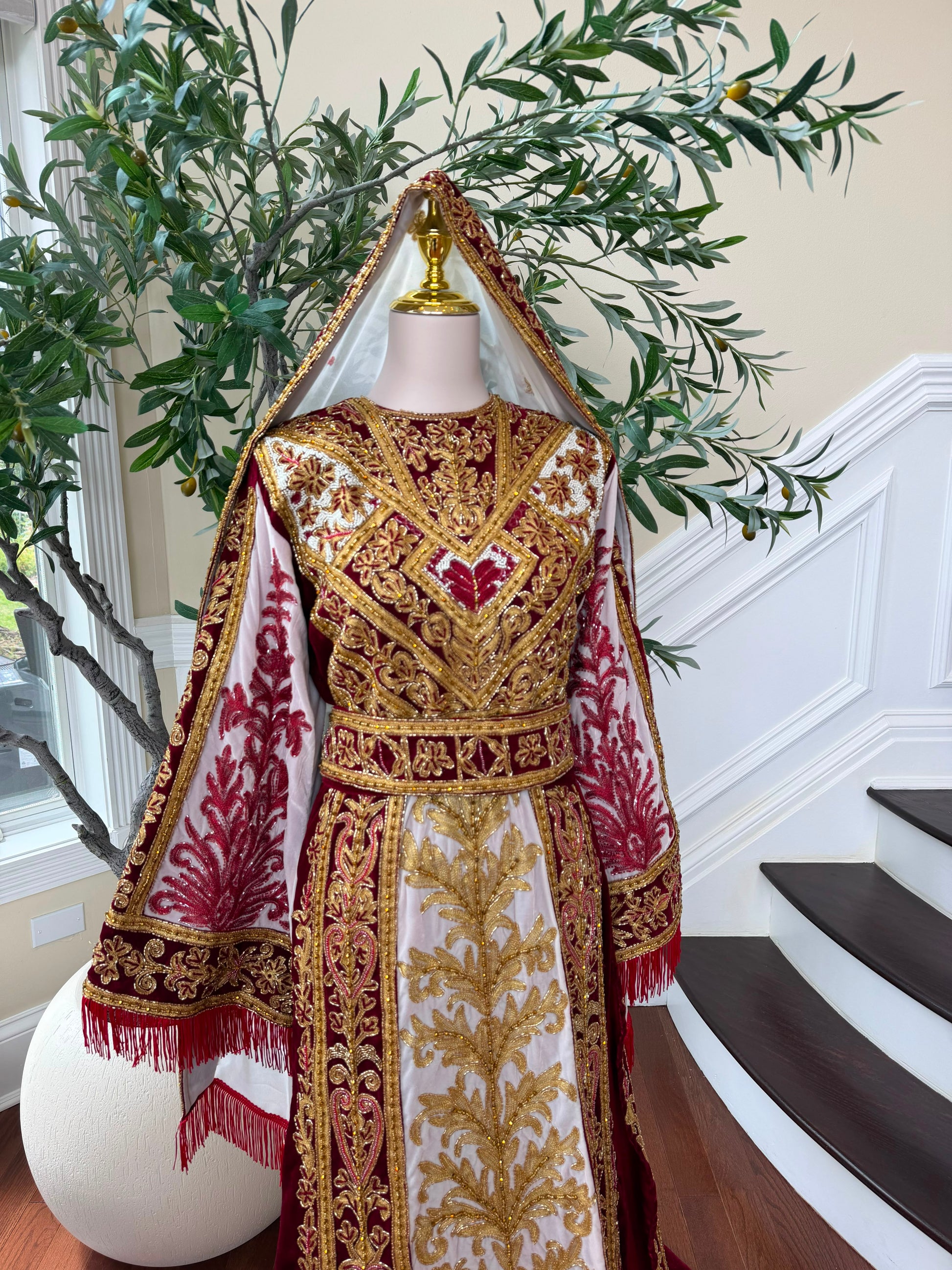 Royal Burgundy Embroidered & Hand-Beaded Bridal Ensemble — Includes Belt, Scarf & Overskirt
