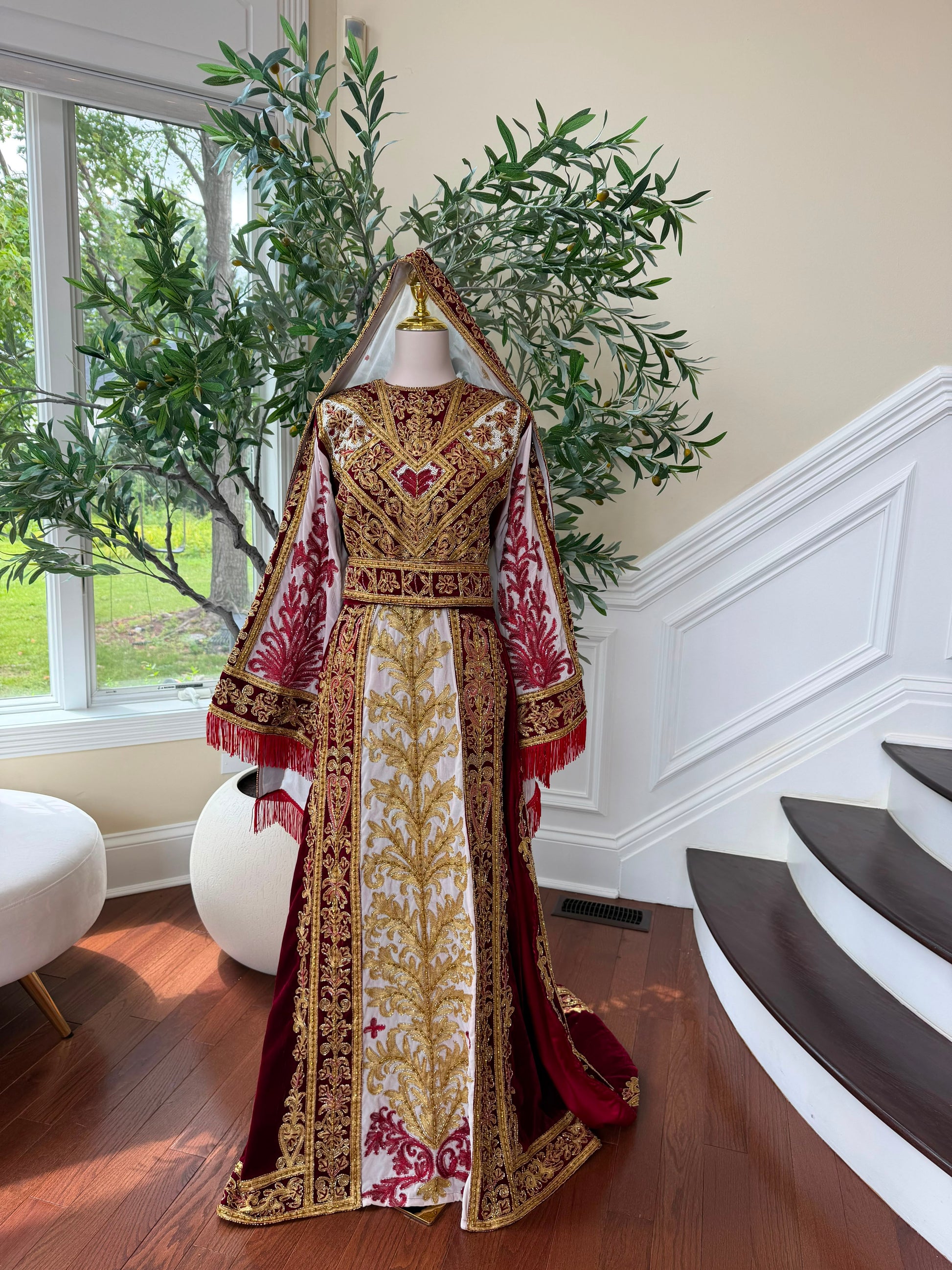 Royal Burgundy Embroidered & Hand-Beaded Bridal Ensemble — Includes Belt, Scarf & Overskirt