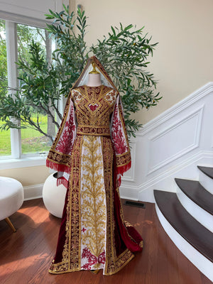 Royal Burgundy Embroidered & Hand-Beaded Bridal Ensemble — Includes Belt, Scarf & Overskirt