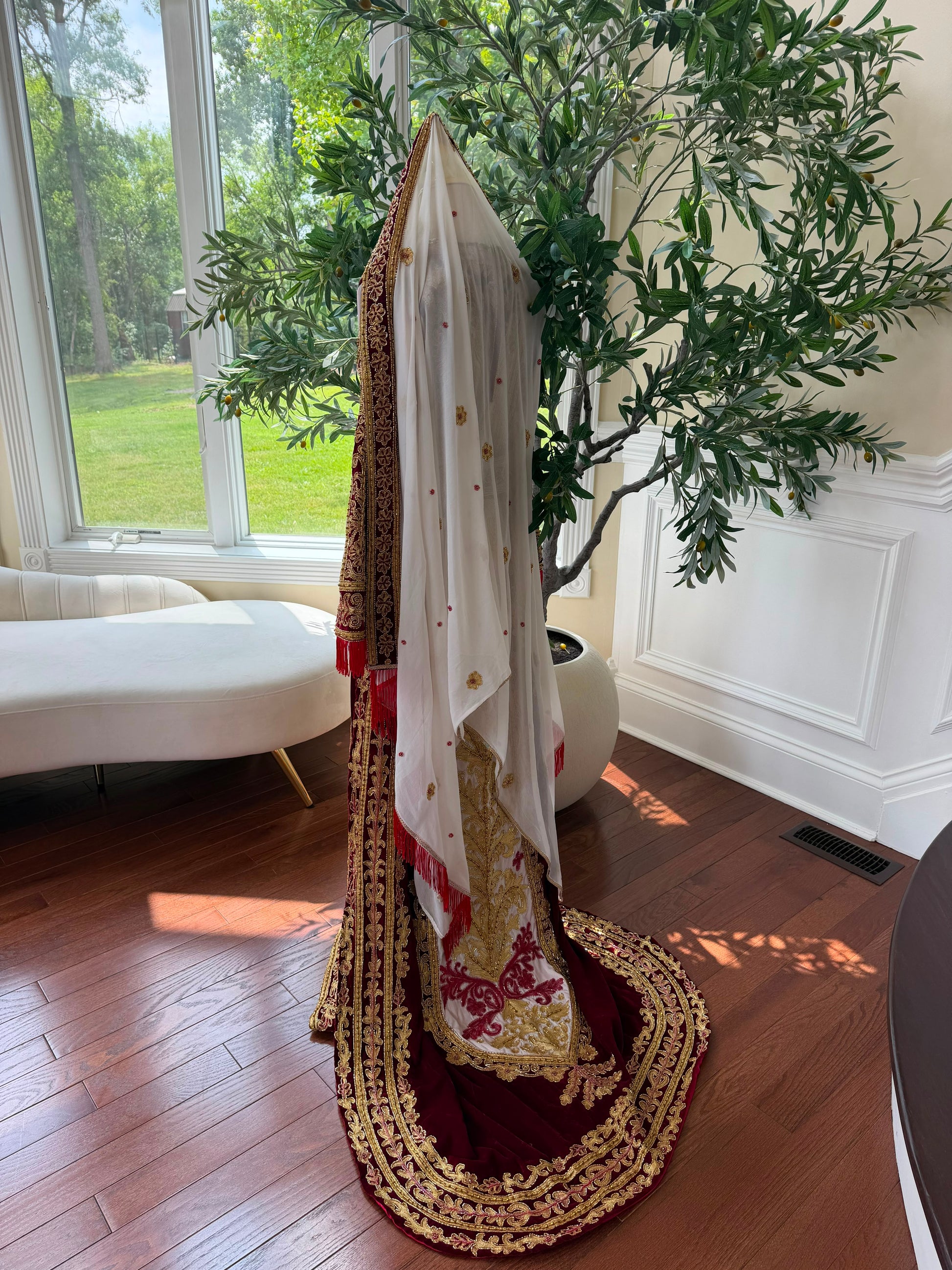 Royal Burgundy Embroidered & Hand-Beaded Bridal Ensemble — Includes Belt, Scarf & Overskirt