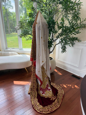 Royal Burgundy Embroidered & Hand-Beaded Bridal Ensemble — Includes Belt, Scarf & Overskirt