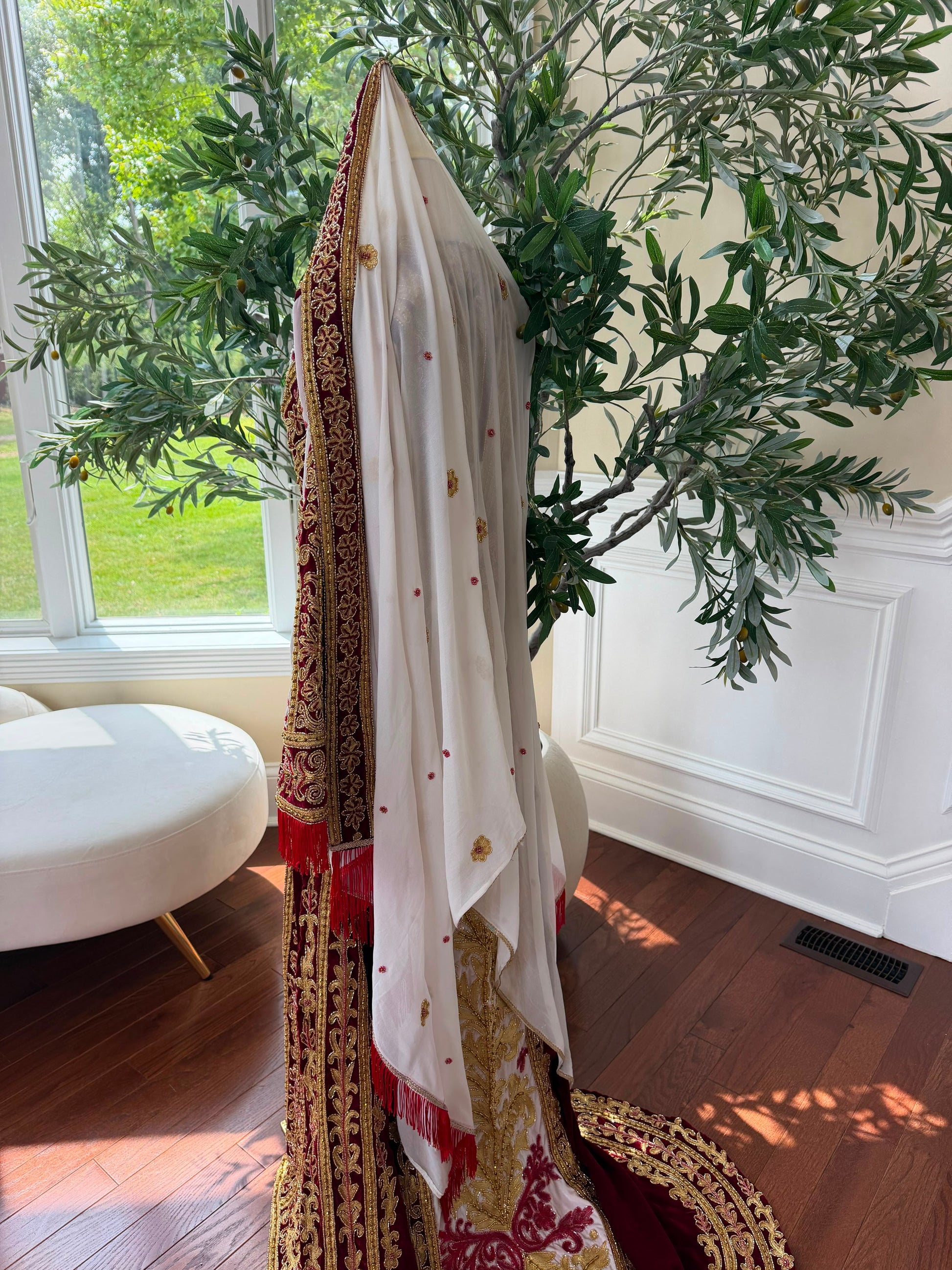 Royal Burgundy Embroidered & Hand-Beaded Bridal Ensemble — Includes Belt, Scarf & Overskirt