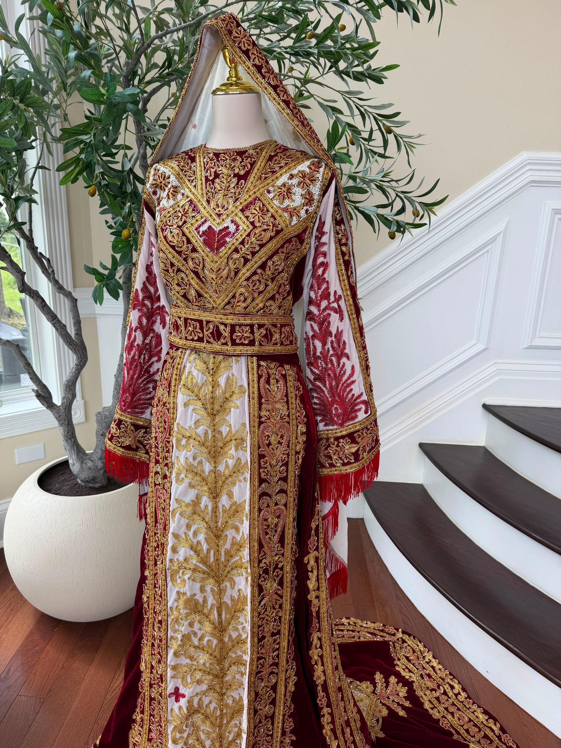Royal Burgundy Embroidered & Hand-Beaded Bridal Ensemble — Includes Belt, Scarf & Overskirt