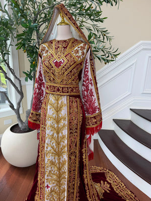 Royal Burgundy Embroidered & Hand-Beaded Bridal Ensemble — Includes Belt, Scarf & Overskirt