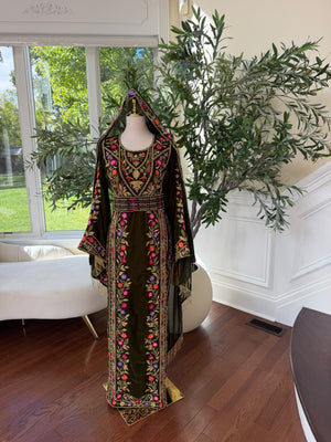 Olive Green Velvet Palestinian Embroidered Thobe with Multicolor Tatreez 
( scarf not included)
