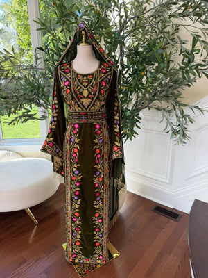 Olive Green Velvet Palestinian Embroidered Thobe with Multicolor Tatreez 
( scarf not included)