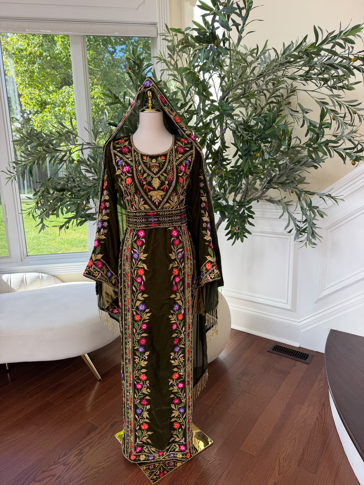 Olive Green Velvet Palestinian Embroidered Thobe with Multicolor Tatreez 
( scarf not included)